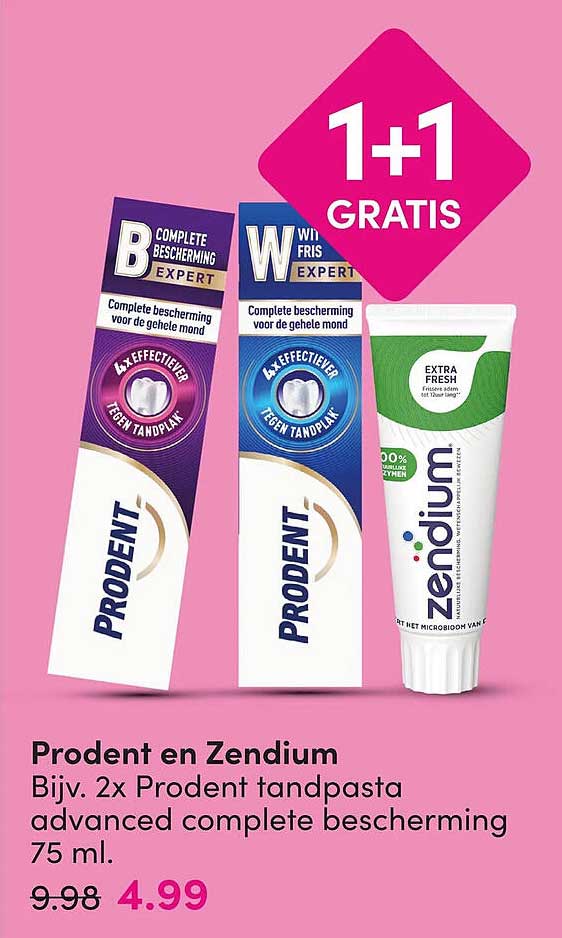 Prodent en Zendium Bijv. 2x Prodent tandpasta advanced complete bescherming 75 ml. 1+1 gratis