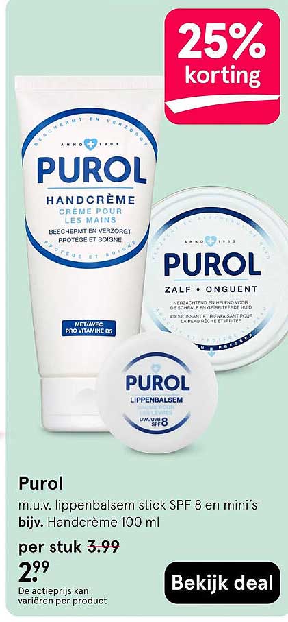 Purol m.u.v. lippenbalsem stick SPF 8 en mini's bijv. Handcrème 100 ml 25% korting