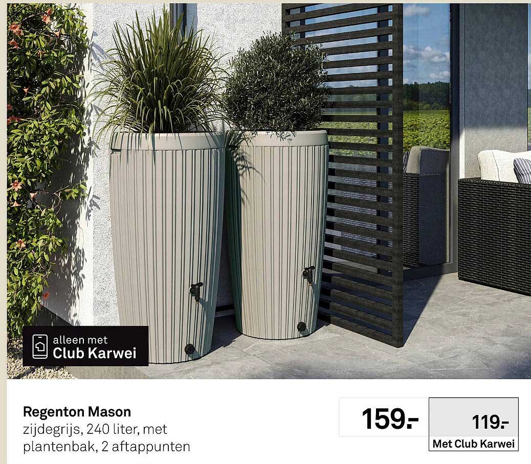Regenton Mason zijdegrijs, 240 liter, met plantenbak, 2 aftappunten