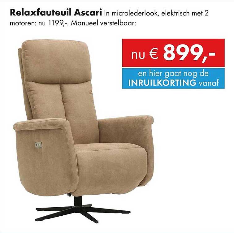 Relaxfauteuil Ascari In microlederlook, elektrisch met 2 motoren: nu 1199,- Manueel verstelbaar