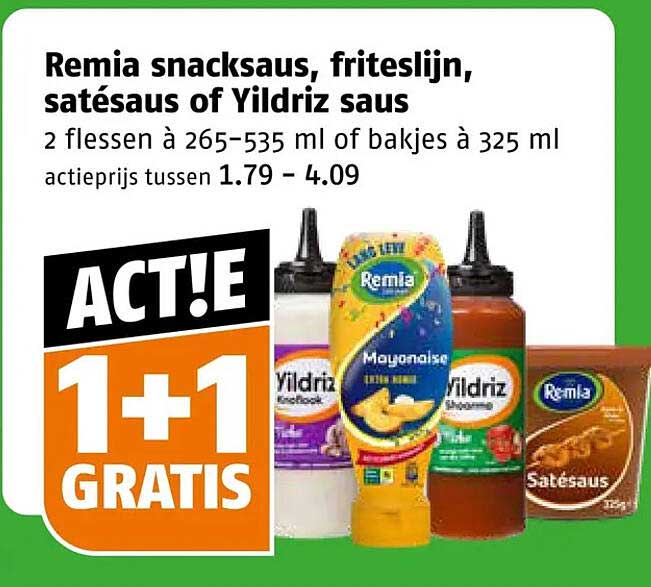 Remia snacksaus, fritetslijn, satésaus of Yildriz saus 1+1 GRATIS