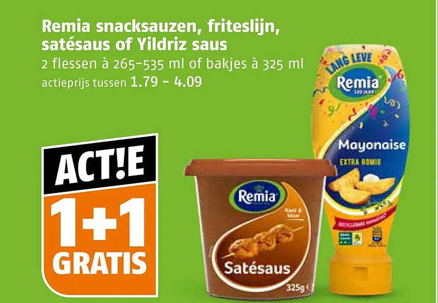 Remia snacksauzen, friteslijn, satésaus of Yildriz saus 1+1 gratis