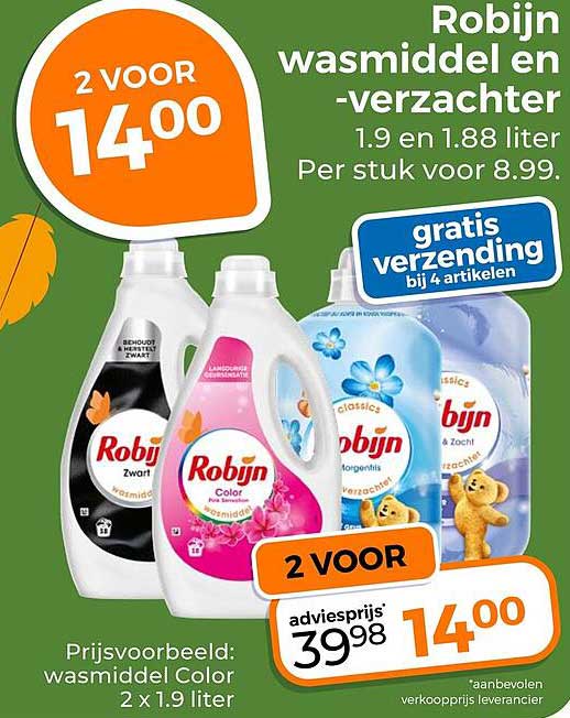 Robijn wasmiddel en -verzachter 1.9 en 1.88 liter Per stuk voor 8.99 2 voor 14.00