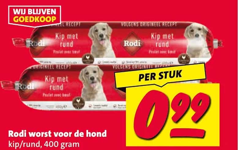 Rodi worst voor de hond kip/rund, 400 gram PER STUK