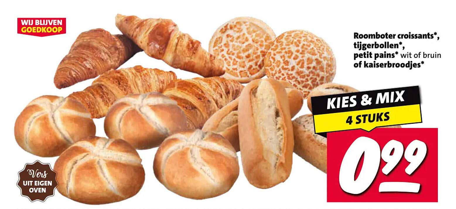 Roomboter croissants*, tijgerbollen*, petit pains* wit of bruin of kaiserbroodjes* KIES & MIX 4 STUKS