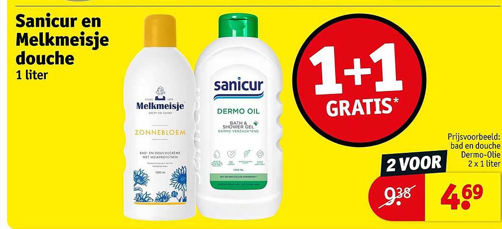 Sanicur en Melkmeisje douche 1 liter 1+1 gratis