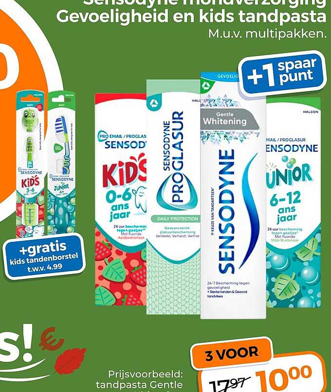 Sensodyne mondverzorging Gevoeligheid en kids tandpasta M.u.v. multipakken. +1 spaar punt +gratis kids tandenborstel t.w.v. 4,99