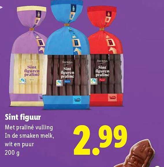 Sint figuur met praliné vulling in de smaken melk, wit en puur 200 g