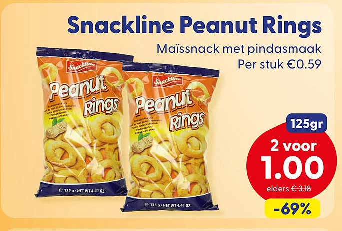 Snackline Peanut Rings Maïssnack met pindasmaak 2 voor 1.00