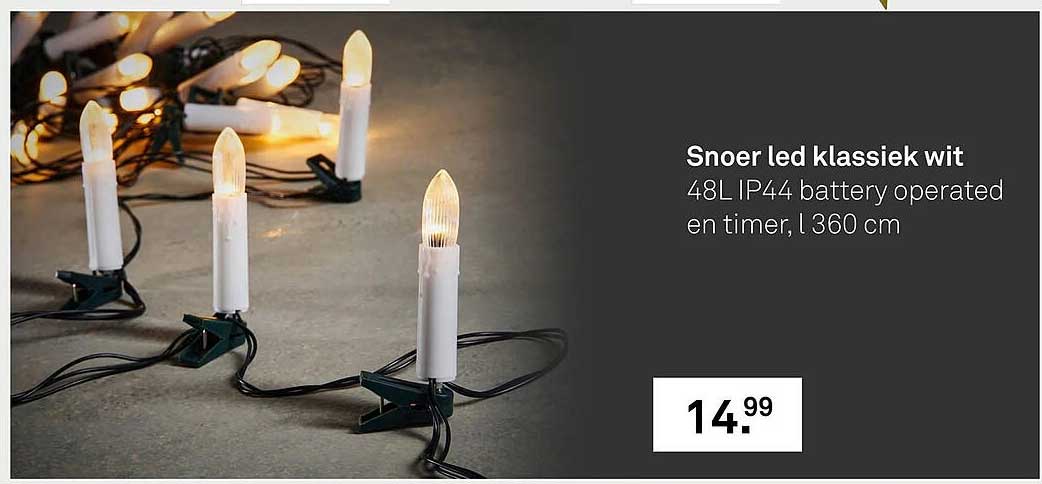Snoer led klassiek wit 48L IP44 battery operated en timer, l 360 cm