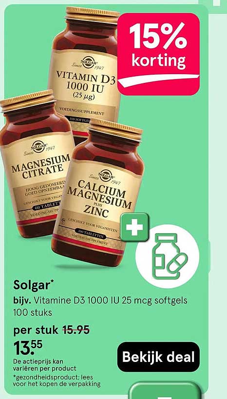 Solgar* bijv. Vitamine D3 1000 IU 25 mcg softgels 100 stuks 15% korting