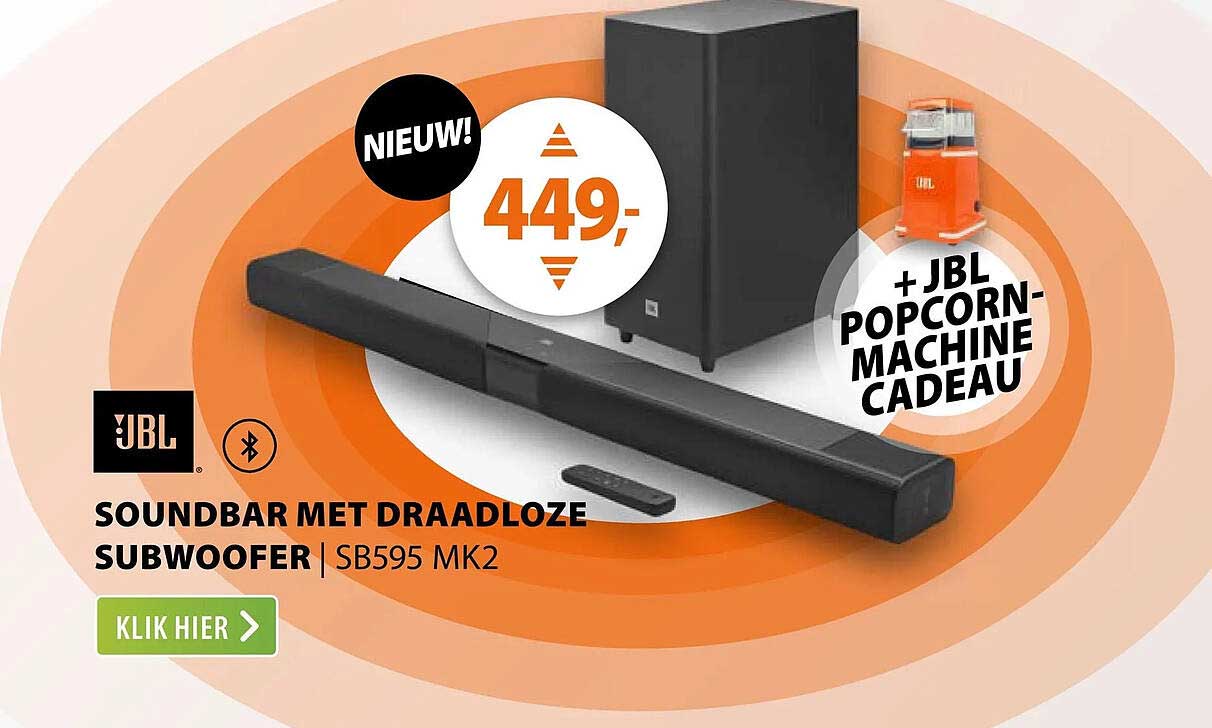 SOUNDBAR MET DRAADLOZE SUBWOOFER | SB595 MK2 + JBL POPCORN-MACHINE CADEAU