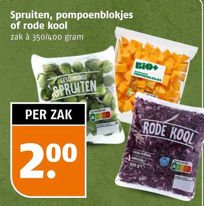 Spruiten, pompoenblokjes of rode kool zak à 350/400 gram