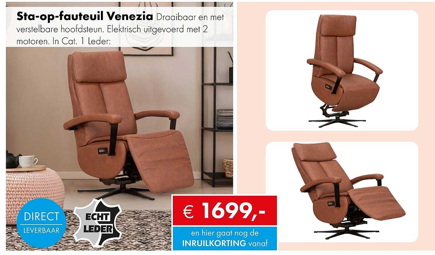 Sta-op-fauteuil Venezia Draaibaar en met verstelbare hoofdsteun. Elektrisch uitgevoerd met 2 motoren. In Cat. 1 Leder