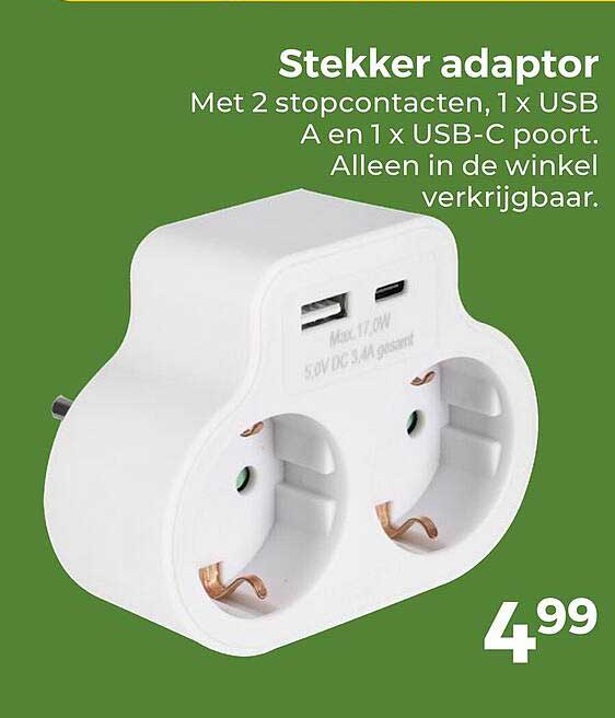 Stekker adaptor Met 2 stopcontacten, 1 x USB A en 1 x USB-C poort. Alleen in de winkel verkrijgbaar.