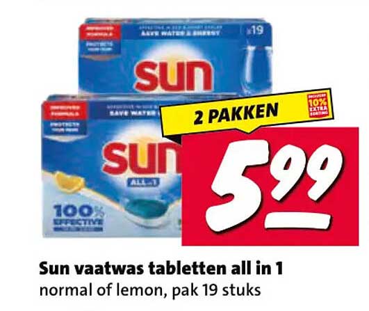 Sun vaatwas tabletten all in 1 normal of lemon, pak 19 stuks 2 pakken