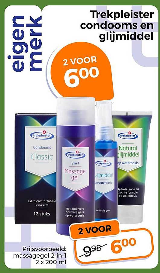 Trekpleister condooms en glijmiddel 2 voor 6,00
