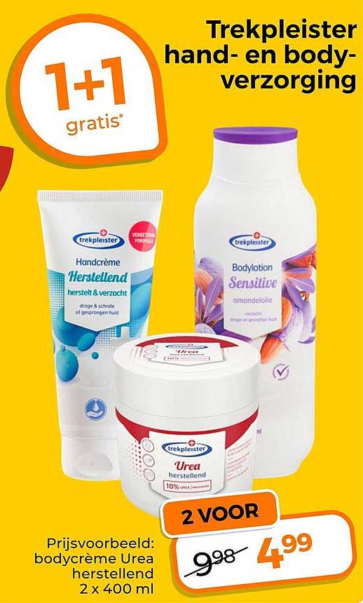 Trekpleister hand- en bodyverzorging 1+1 gratis