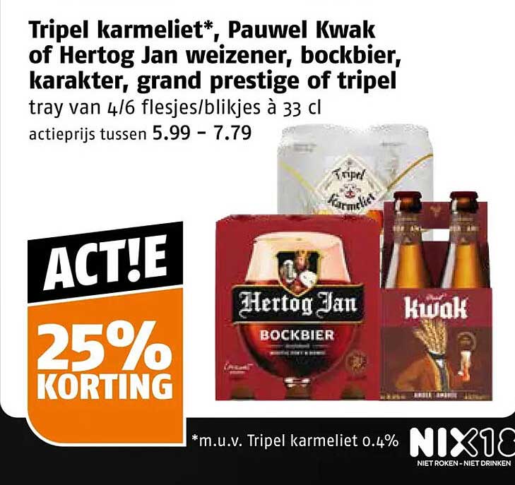 Tripel karmeliet*, Pauwel Kwak of Hertog Jan weizener, bockbier, karakter, grand prestige of tripel tray van 4/6 flesjes/blikjes à 33 cl ACTIE 25% KORTING