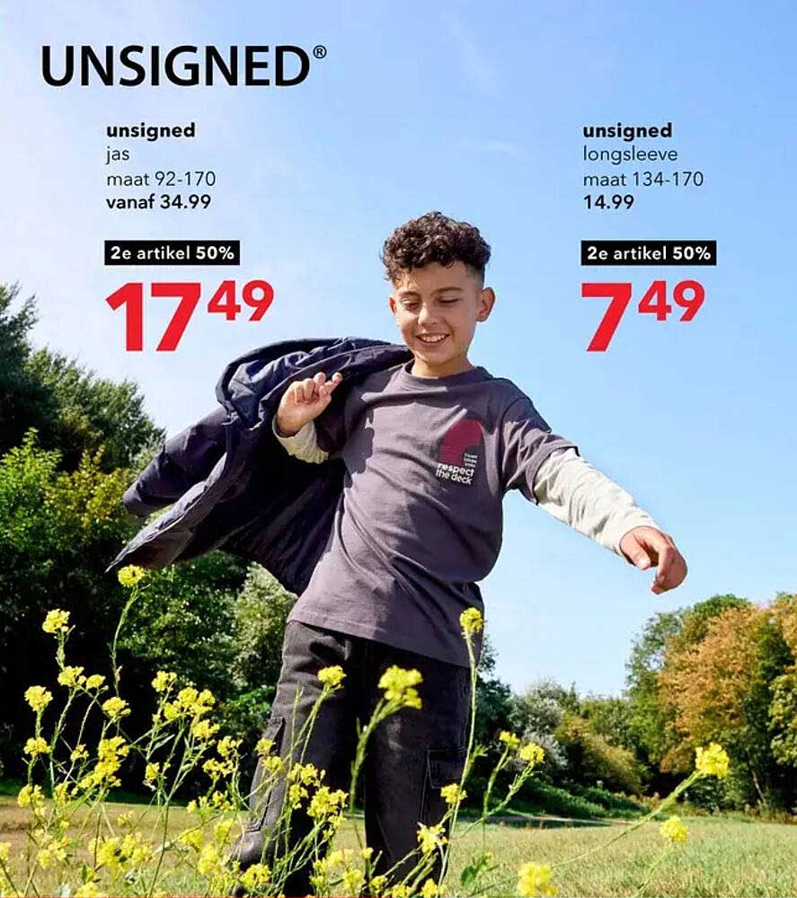 unsigned jas maat 92-170 vanaf 34.99 2e artikel 50%