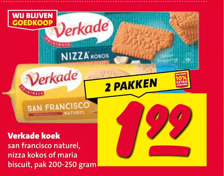 Verkade koek san francisco naturel, nizza kokos of maria biscuit, pak 200-250 gram 2 PAKKEN