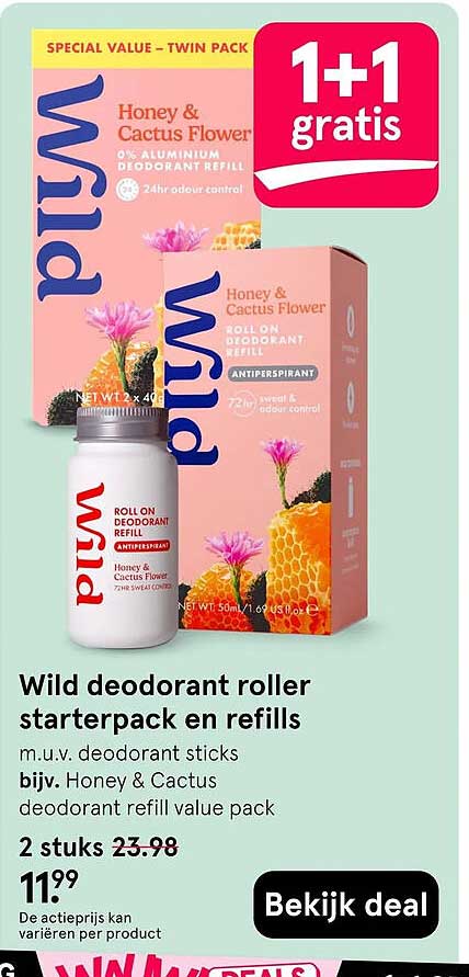 Wild deodorant roller starterpack en refills 1+1 gratis