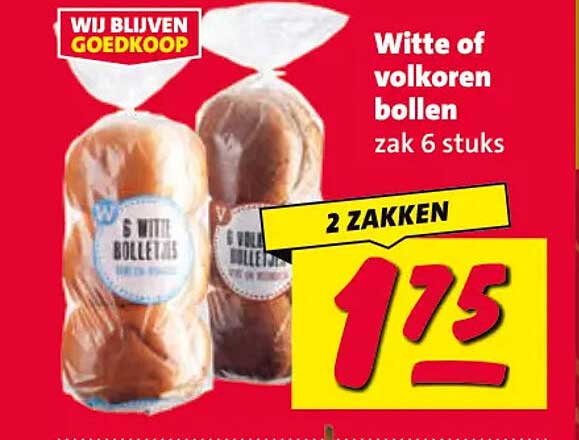 Witte of volkoren bollen zak 6 stuks 2 ZAKKEN