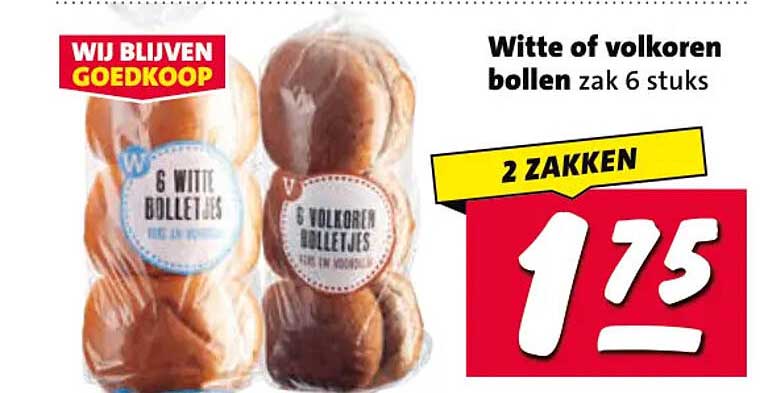 Witte of volkoren bollen zak 6 stuks 2 ZAKKEN