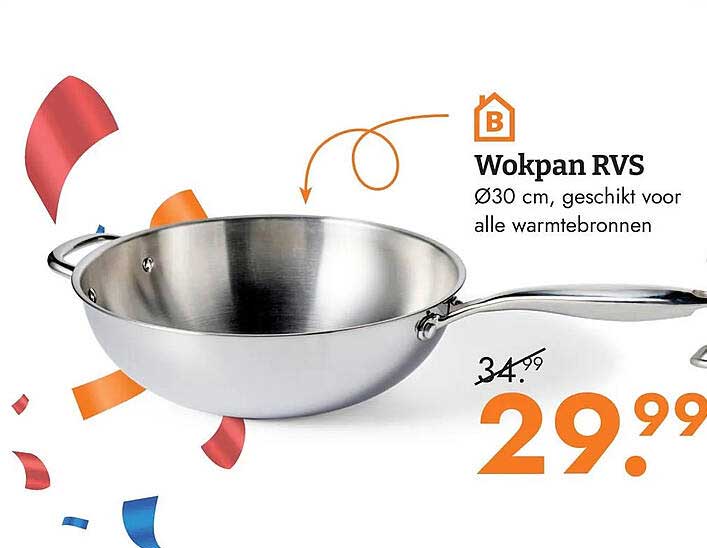 Wokpan RVS Ø30 cm, geschikt voor alle warmtebronnen