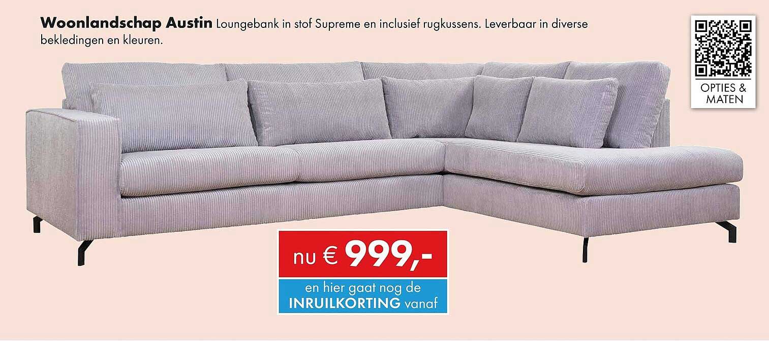 Woonlandschap Austin Loungebank in stof Supreme en inclusief rugkussens. Leverbaar in diverse bekledingen en kleuren.