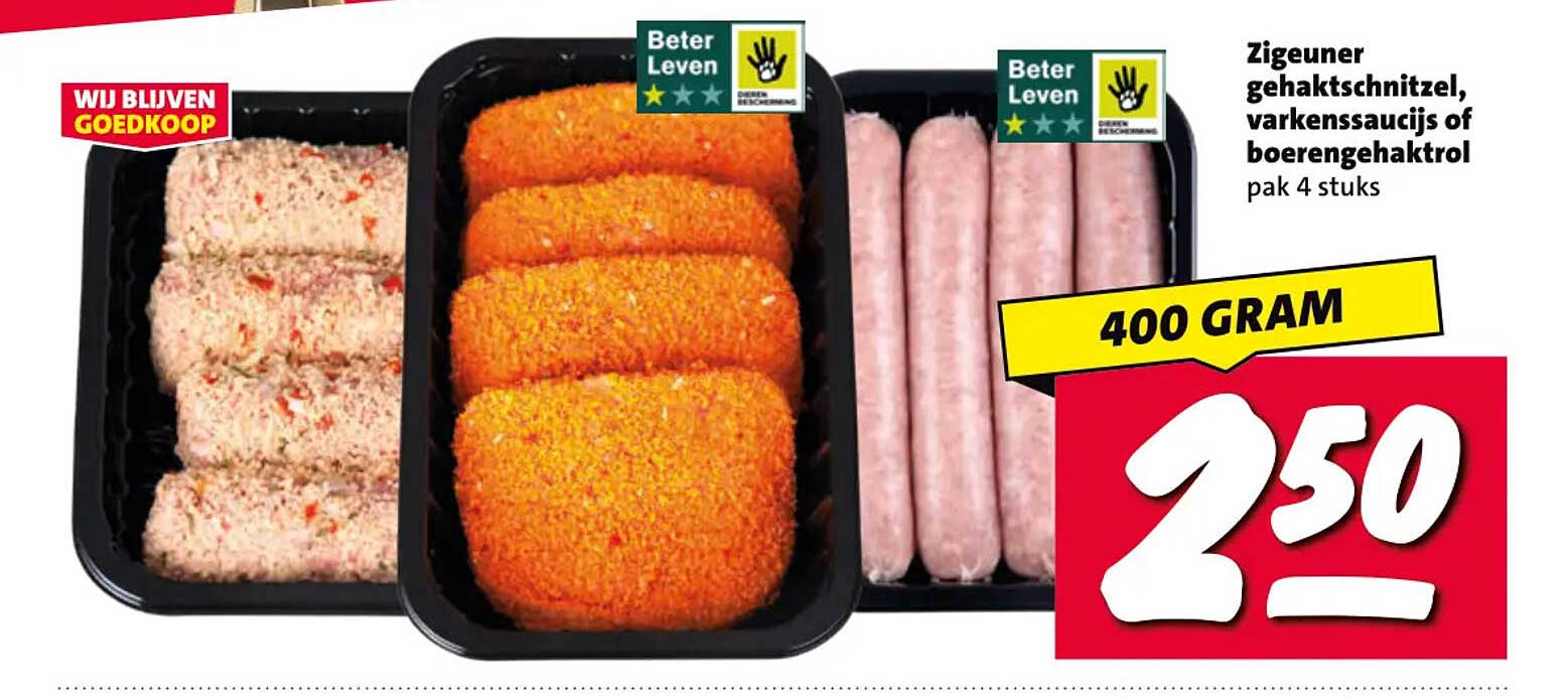 Zigeuner gehaktschnitzel, varkenssaucijs of boerengehaktrol pak 4 stuks 400 gram