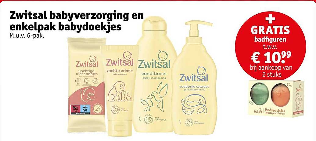 Zwitsal babyverzorging en enkelpak babydoekjes M.u.v. 6-pak. + GRATIS badfiguren t.w.v. € 10.99 bij aankoop van 2 stuks