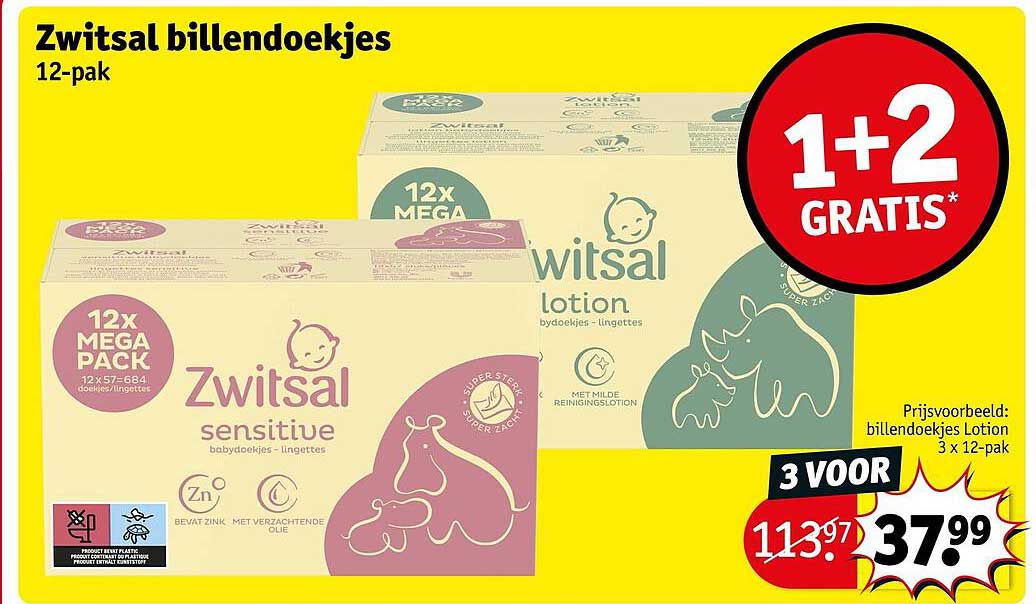 Zwitsal billendoekjes 12-pak 1+2 GRATIS*