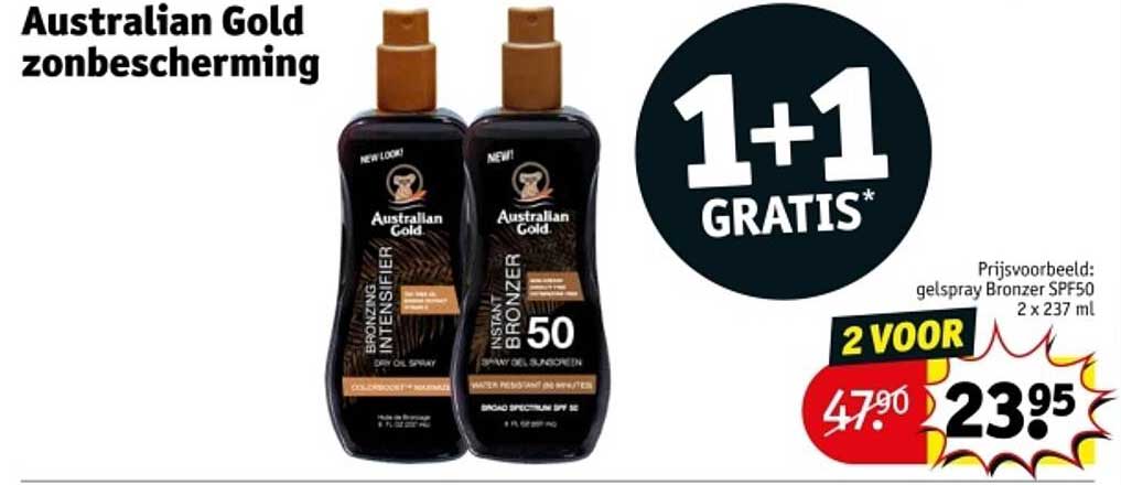 Australian Gold zonbescherming met 1+1 GRATIS aanbieding