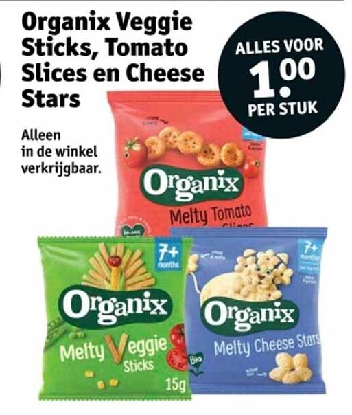 Organix Veggie Sticks, Tomato Slices en Cheese Stars