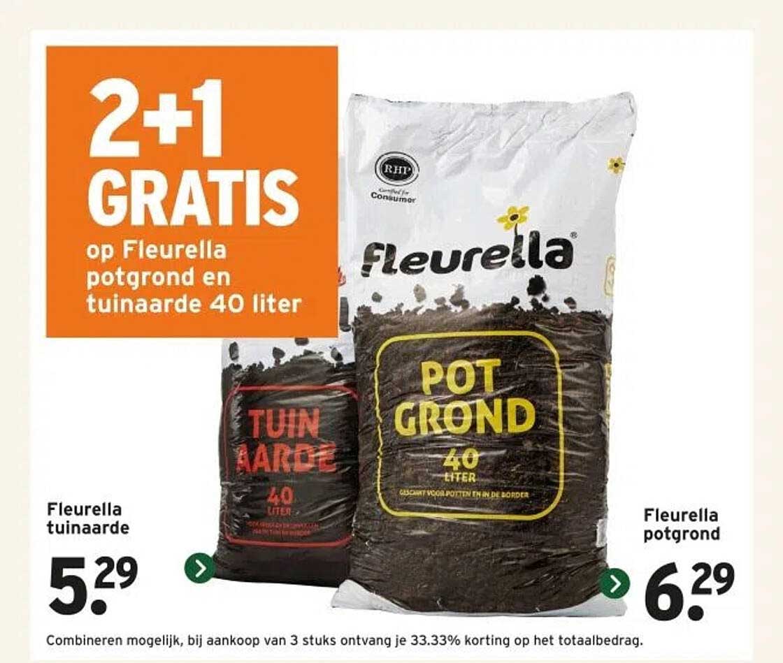 2+1 GRATIS op Fleurella potgrond en tuinaarde 40 liter