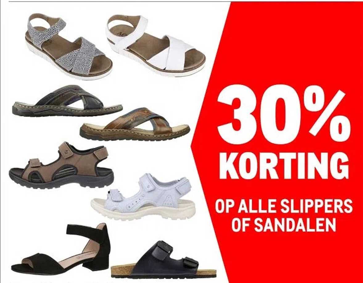 30% KORTING OP ALLE SLIPPERS OF SANDALEN