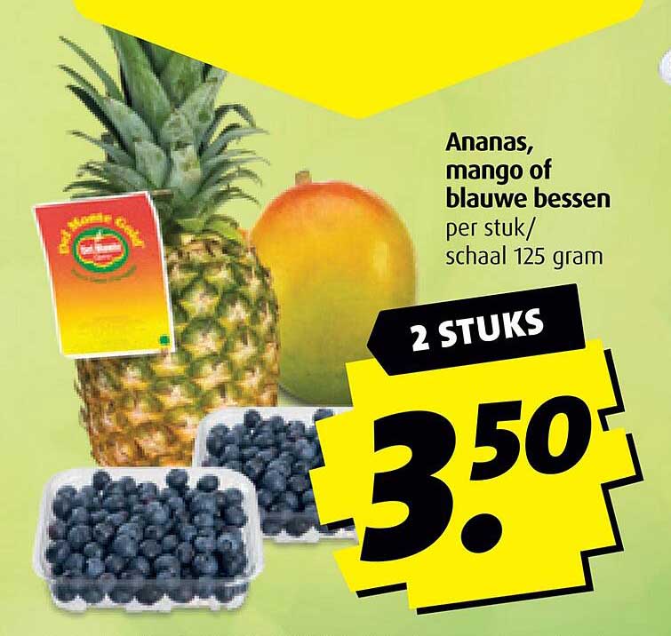 Ananas, mango of blauwe bessen per stuk/schaal 125 gram