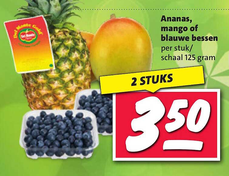 Ananas, mango of blauwe bessen per stuk/schaal 125 gram