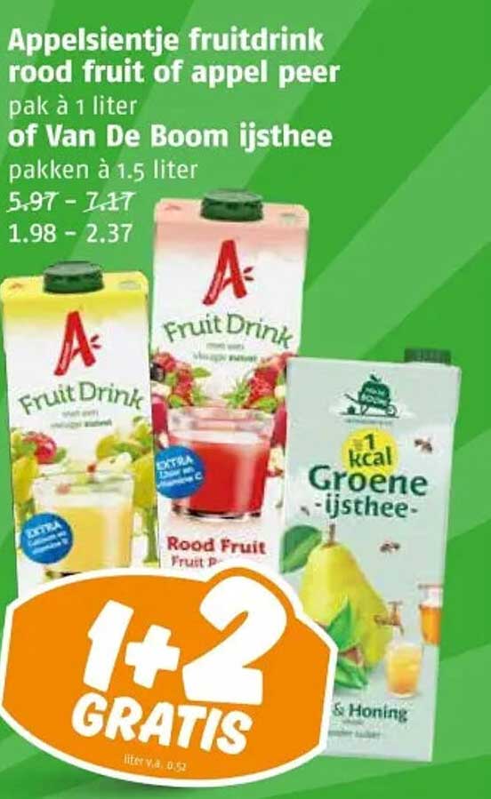 Appelsientje fruitdrink rood fruit of appel peer pak à 1 liter of Van De Boom ijsthee pakken à 1.5 liter
