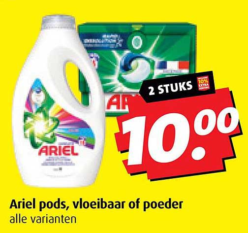 Ariel pods, vloeibaar of poeder, 2 stuks voor 10,00