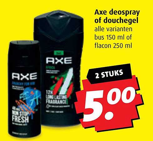 Axe deospray of douchegel alle varianten bus 150 ml of flacon 250 ml