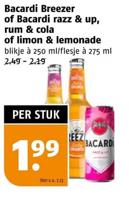 Bacardi Breezer of Bacardi razz & up, rum & cola of limon & lemonade blijkje à 250 ml/flesje à 275 ml