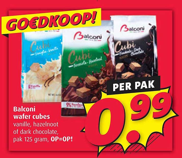 Balconi wafer cubes vanille, hazelnoot of dark chocolate, pak 125 gram