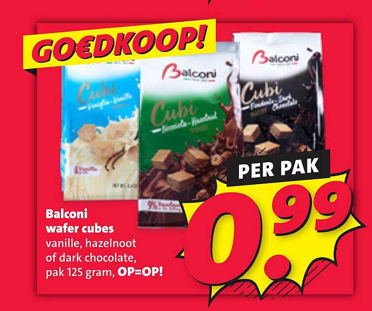 Balconi wafer cubes vanille, hazelnoot of dark chocolate, pak 125 gram, OP=OP!