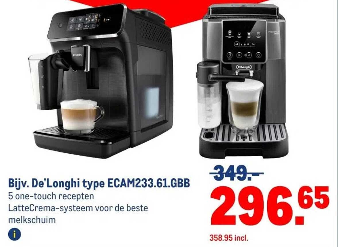 Bijv. De'Longhi type ECAM233.61.GBB 5 one-touch recepten LatteCrema-systeem voor de beste melkschuim