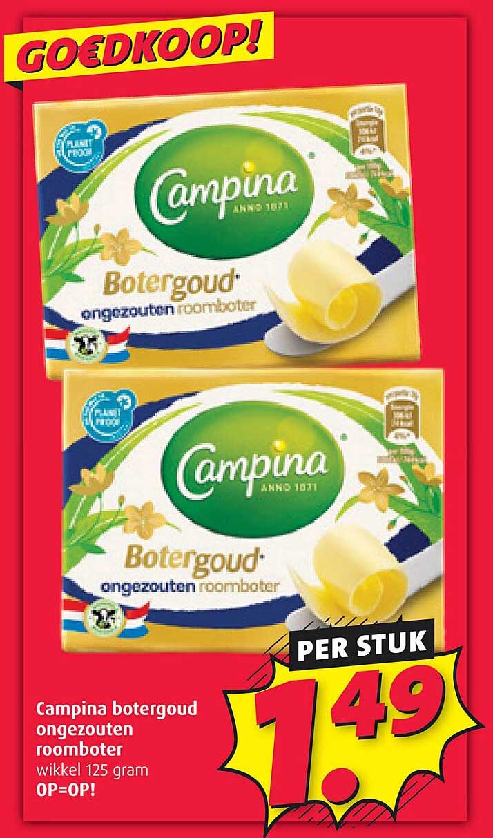 Campina botergoud ongezouten roomboter 125 gram