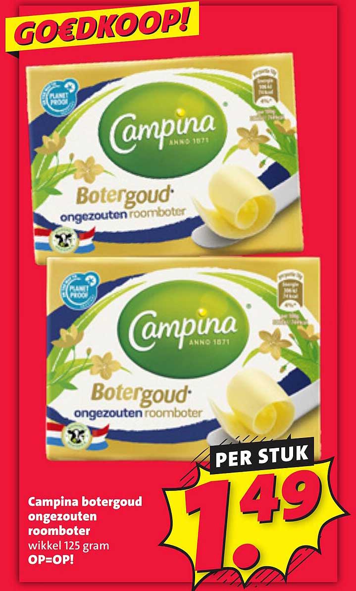 Campina botergoud ongezouten roomboter wikkel 125 gram