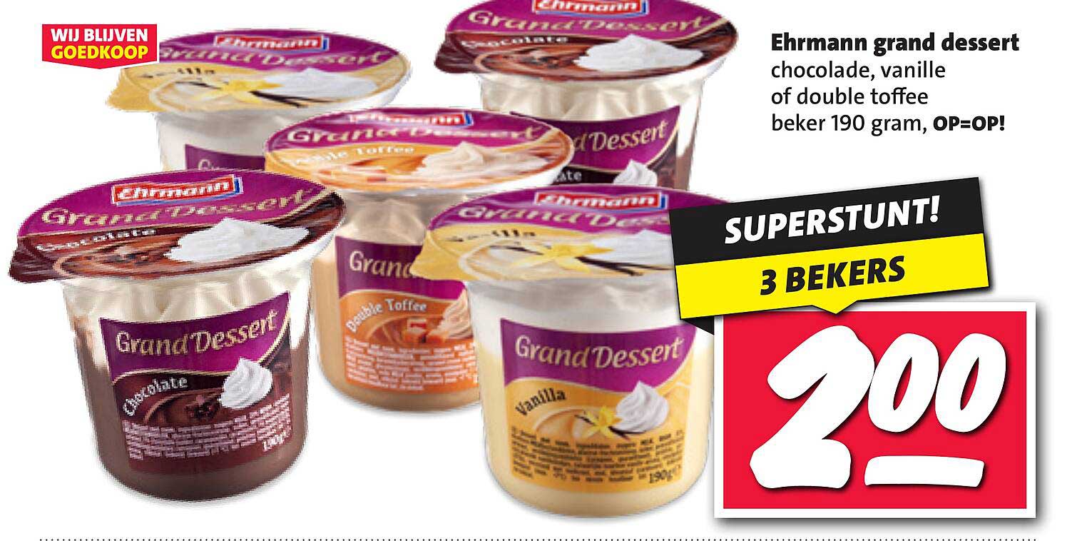 Ehrmann grand dessert chocolade, vanille of double toffee beker 190 gram, OP=OP!