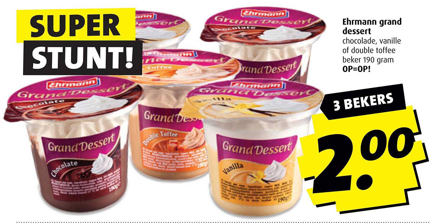 Ehrmann grand dessert chocolade, vanille of double toffee beker 190 gram